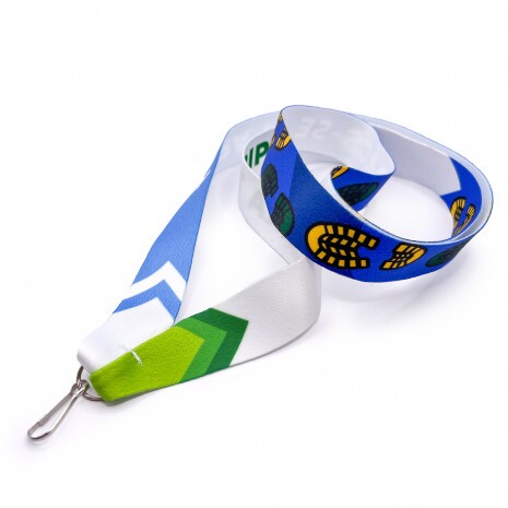 Maßgefertigtes, einseitig bedrucktes, 20 mm breites Satinband mit Karabiner